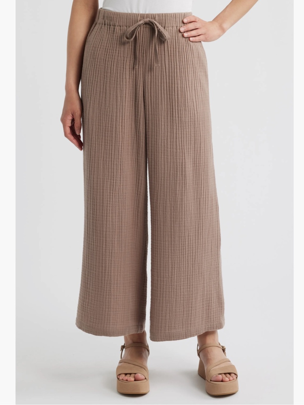 Eileen Fisher Organic Cotton Gauze Wide-Leg Drawstring Crop Pants Medium Petite